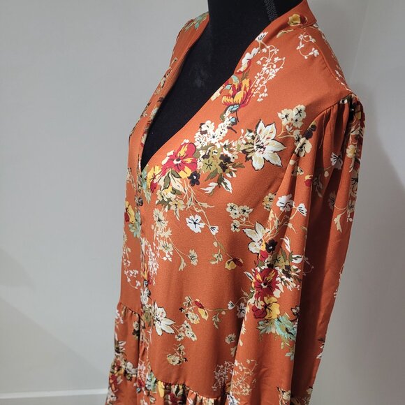 Emma & Michele Womens Floral Dropwaist Long Sleeve Dress Size Medium Orange Boho - Picture 9 of 13